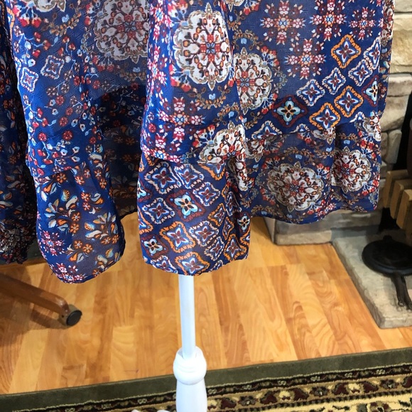 NO BRAND SIZE LARGE SEMI SHEER MULTICOLORED MULTI PATTERNED LONG SLEEVE TOP - Picture 2 of 6